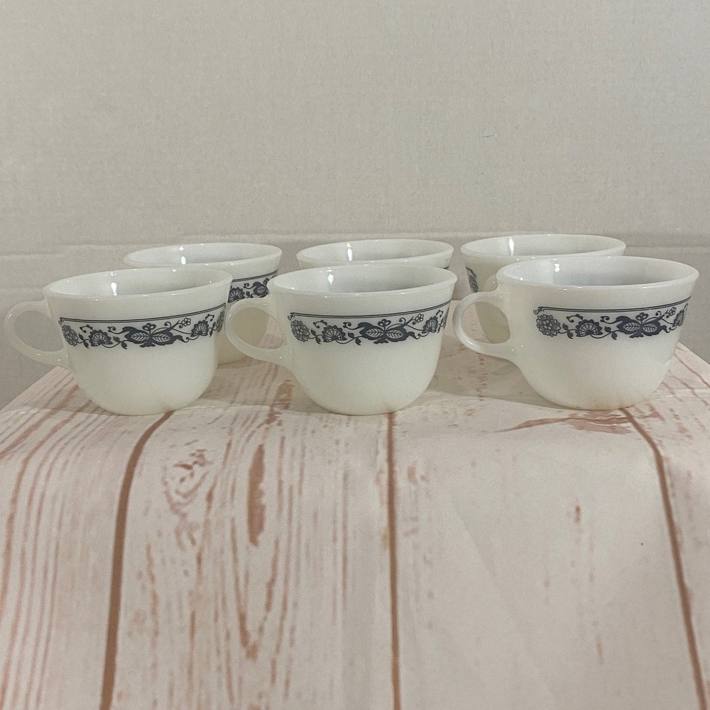 Pyrex Old Town Blue Onion Coffee Cups Set of 6 Vintage Milk Glass Mugs White